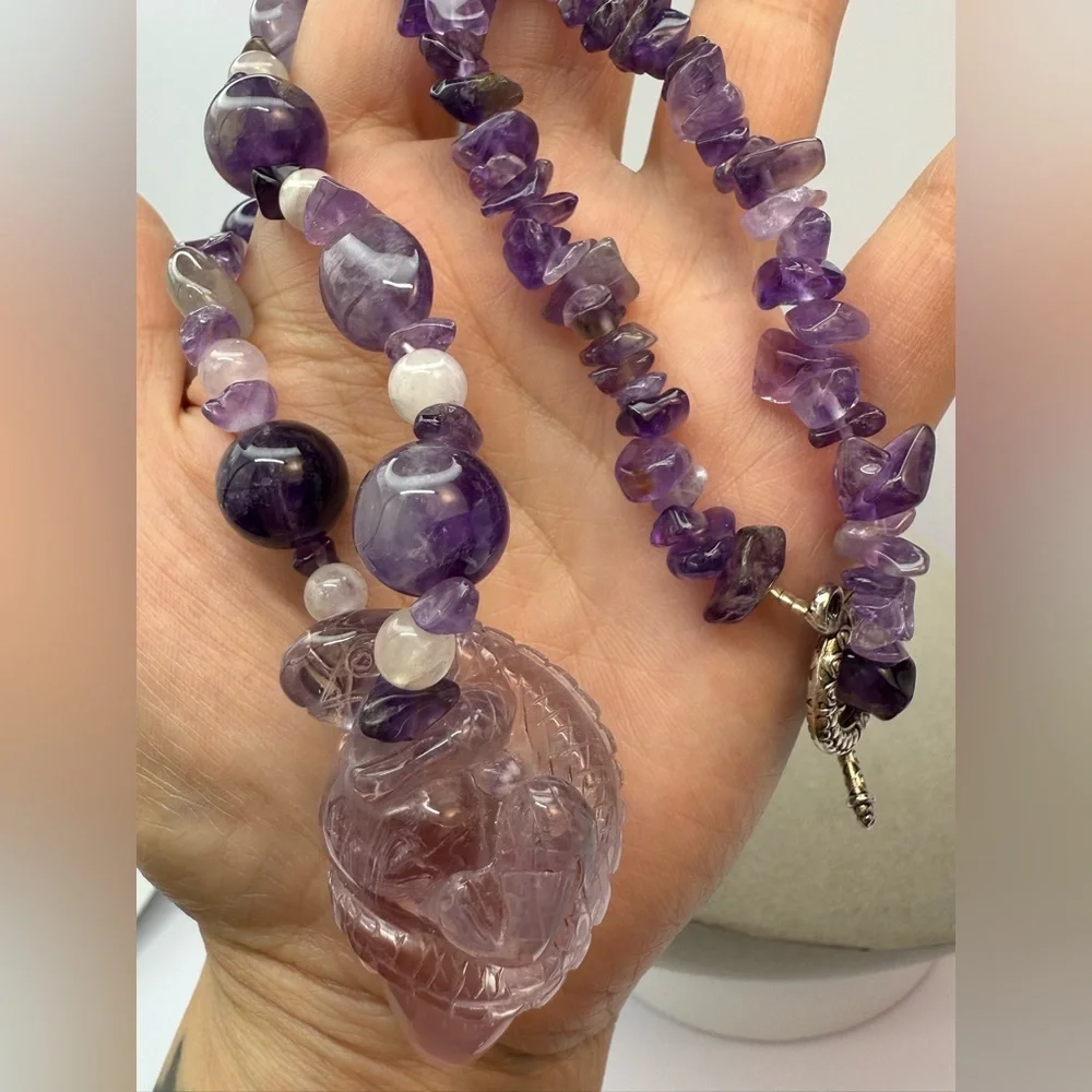 Carved amethyst lizard pendant with amethyst rock crystal necklace